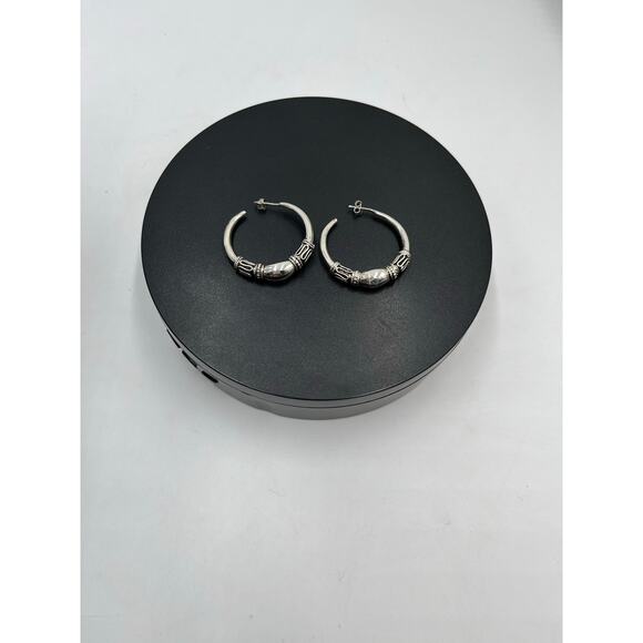 Sterling Silver 925 Balinese Oxidized Finish Post Clutch Back Hoop Earrings - Picture 6 of 8